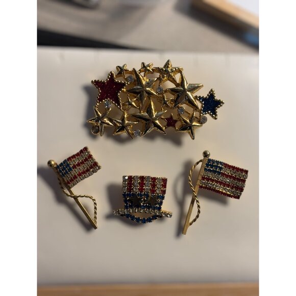 4 piece Patriotic Brooch Pin Set Collection With Stars & Stripes Design Red/Blue - Picture 14 of 16